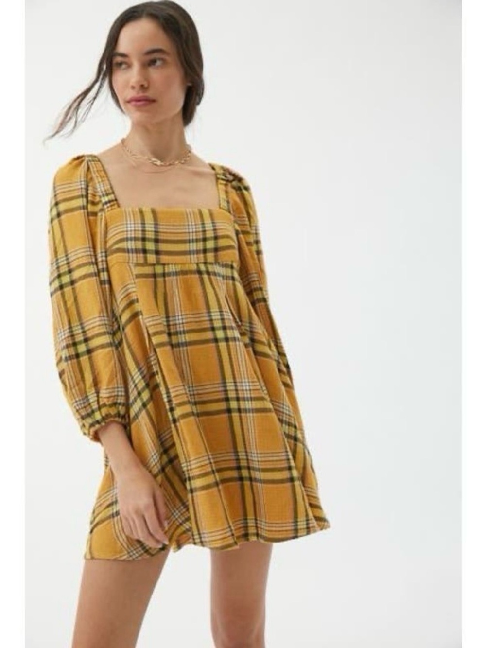 Urban Outfitters Mustard Plaid Square-Neck Mini Dress